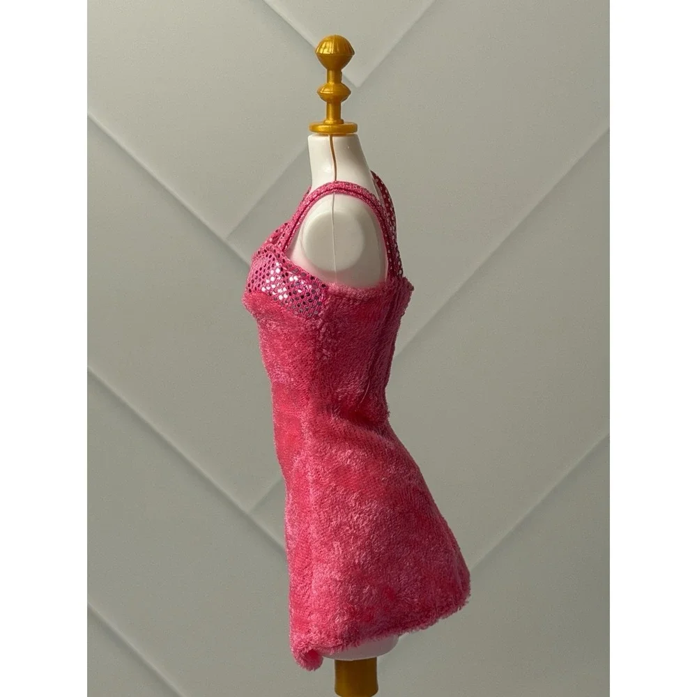 1997 Sweetheart Barbie Doll Pink Short Velvet Dress Silver Accents